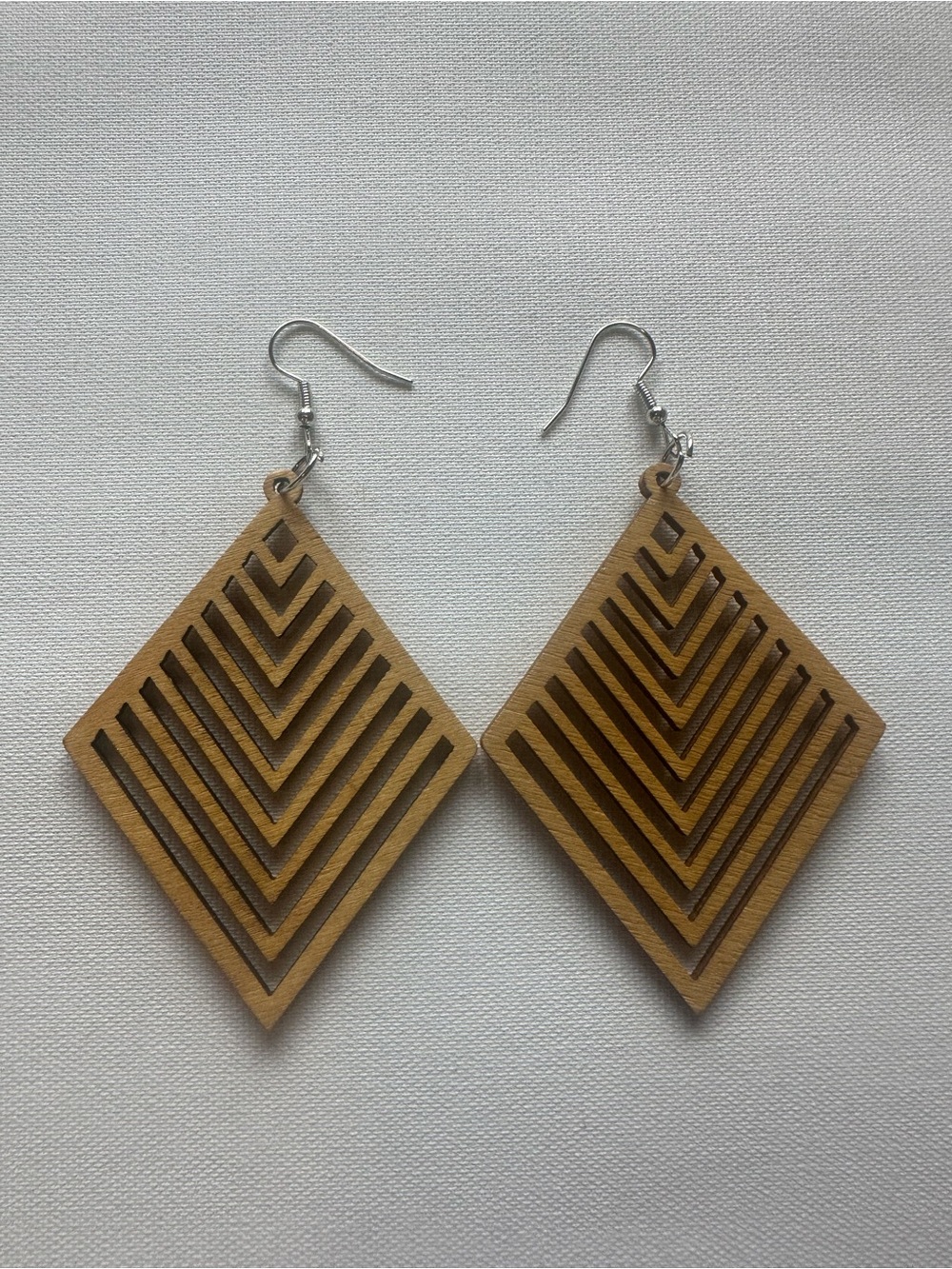 Geometric Wooden Diamond Drop Earrings - Tan